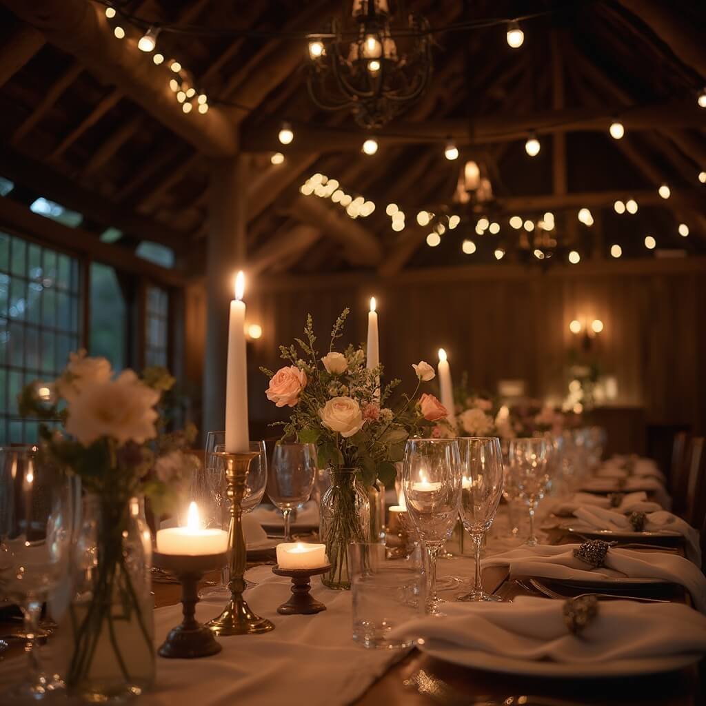Wedding Decor Ideas That Actually Work (Not Just Look Nice on Pinterest) Vintage reception tablescape in rustic barn with garden roses, eucalyptus in bud vases, taper candles in brass holders, rhinestone tied linen napkins, under warm string lights and wrought-iron chandelier