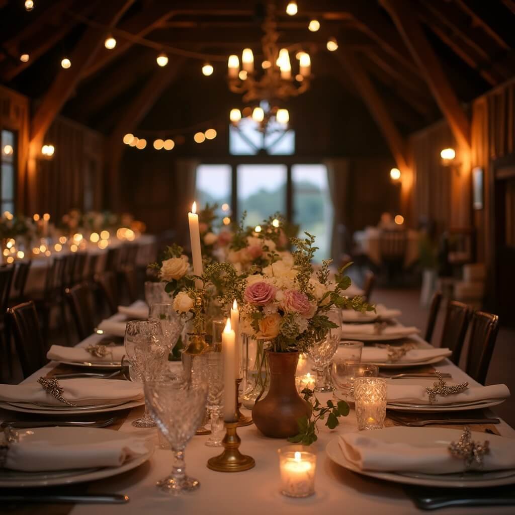 Wedding Decor Ideas That Actually Work (Not Just Look Nice on Pinterest) Rustic barn reception tablescape at dusk with vintage vases, roses, eucalyptus, candles in brass holders, and linen napkins against the backdrop of string lights and a wrought-iron chandelier glowing against wooden beams
