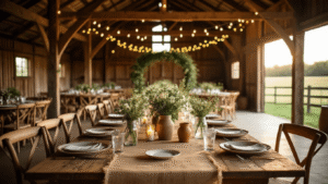 Rustic Wedding Ideas That Actually Work (Not Just Mason Jars and Hay Bales) "Rustic barn wedding reception with wildflower-filled mason jars on tables, fairy lights, wicker chairs, and a greenery decorated arch, bathed in golden hour sunlight."