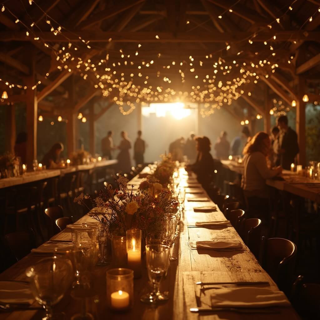 Wedding Reception Ideas That Actually Work (Not Just Look Good on Pinterest) Rustic barn wedding reception illuminated by warm string lights and candlelight