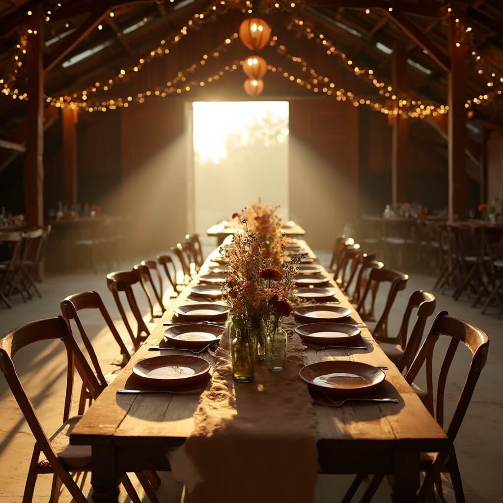 Rustic Wedding Ideas That Actually Work (Not Just Mason Jars and Hay Bales) Rustic barn wedding reception at golden hour with long farmhouse table, terracotta plates, wildflower centerpieces, fairy lights, and open barn doors casting long shadows