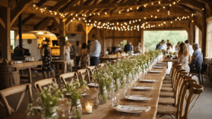 Cheap Wedding Ideas That Don't Look Cheap "Guests at a rustic countryside wedding reception with long wooden tables, vintage seating, fairy lights and a wood-fired pizza truck, adorned with wildflowers and natural greenery in a warm golden glow."