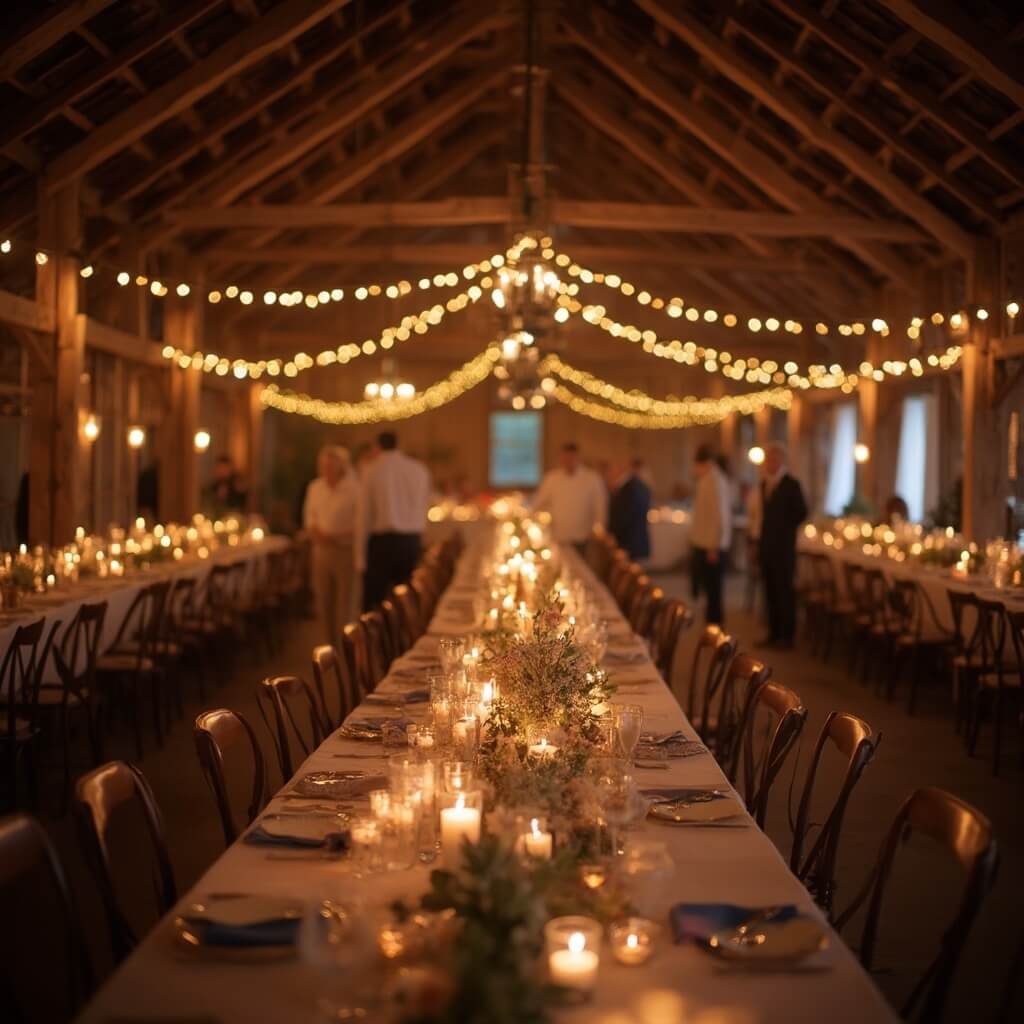 Wedding Reception Ideas That Actually Work (Not Just Look Good on Pinterest) Rustic barn wedding reception at golden hour, lit by warm string lights and decorated with wildflower centerpieces, shot with a 35mm lens with focus on candle glow