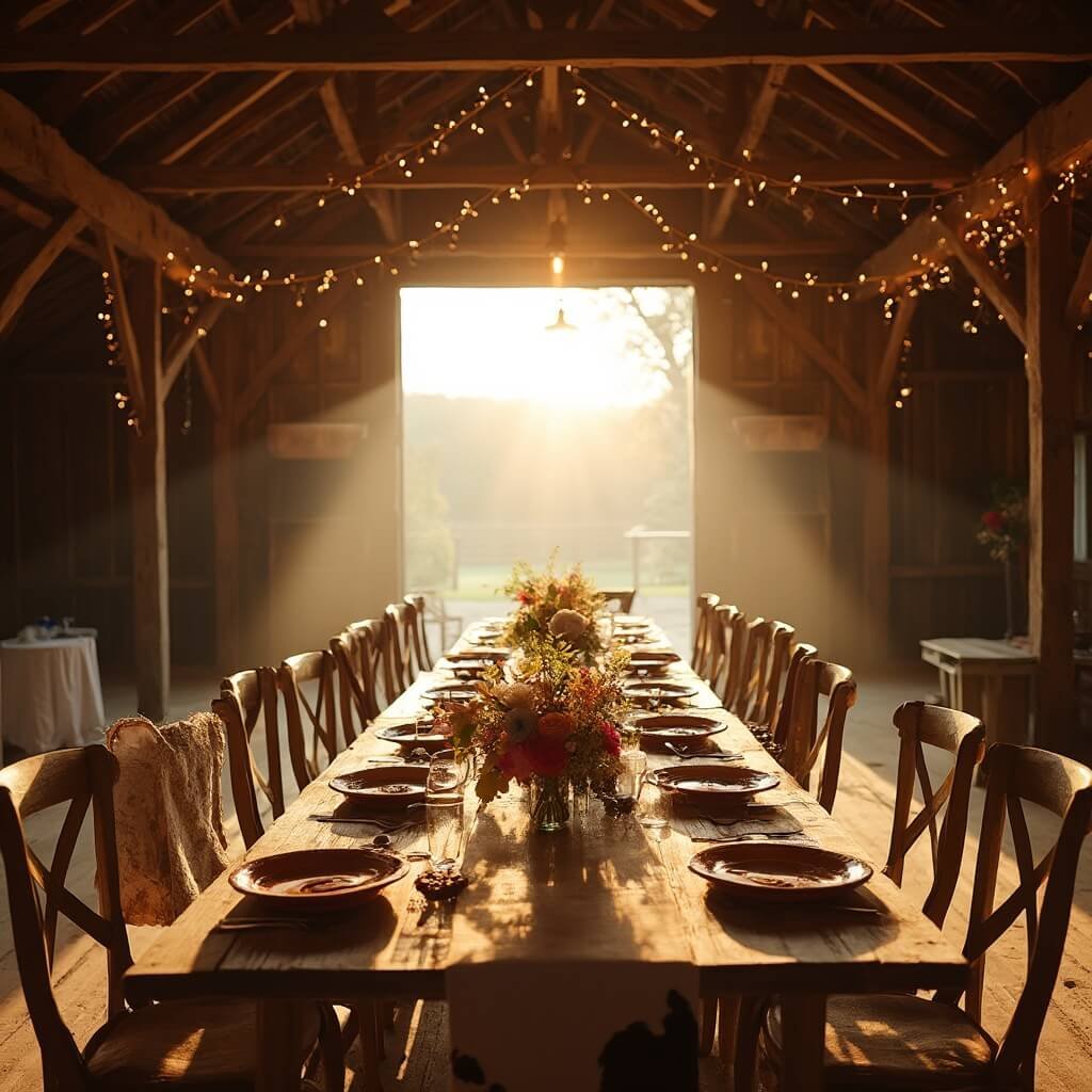Rustic Wedding Ideas That Actually Work (Not Just Mason Jars and Hay Bales) Rustic barn wedding reception at golden hour with long wooden table, wildflower centerpieces, warm fairy lights, and soft sunlight filtering through open barn doors