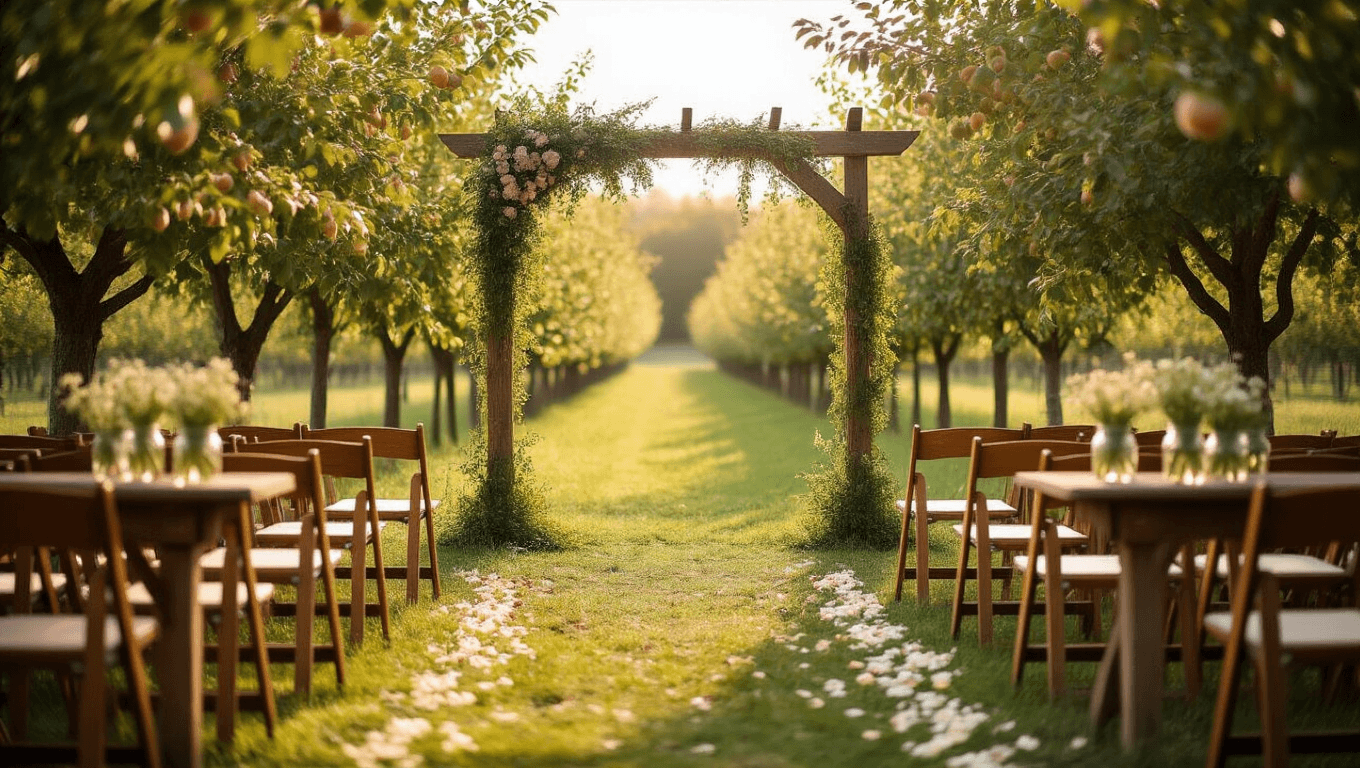 "Rustic outdoor wedding in sunny apple orchard with wildflower-adorned wooden arch, mismatched chairs on petal-strewn grassy aisle, jam jars of sweet peas on tables in golden-hour sunlight, in photorealistic style with natural earthy colors."