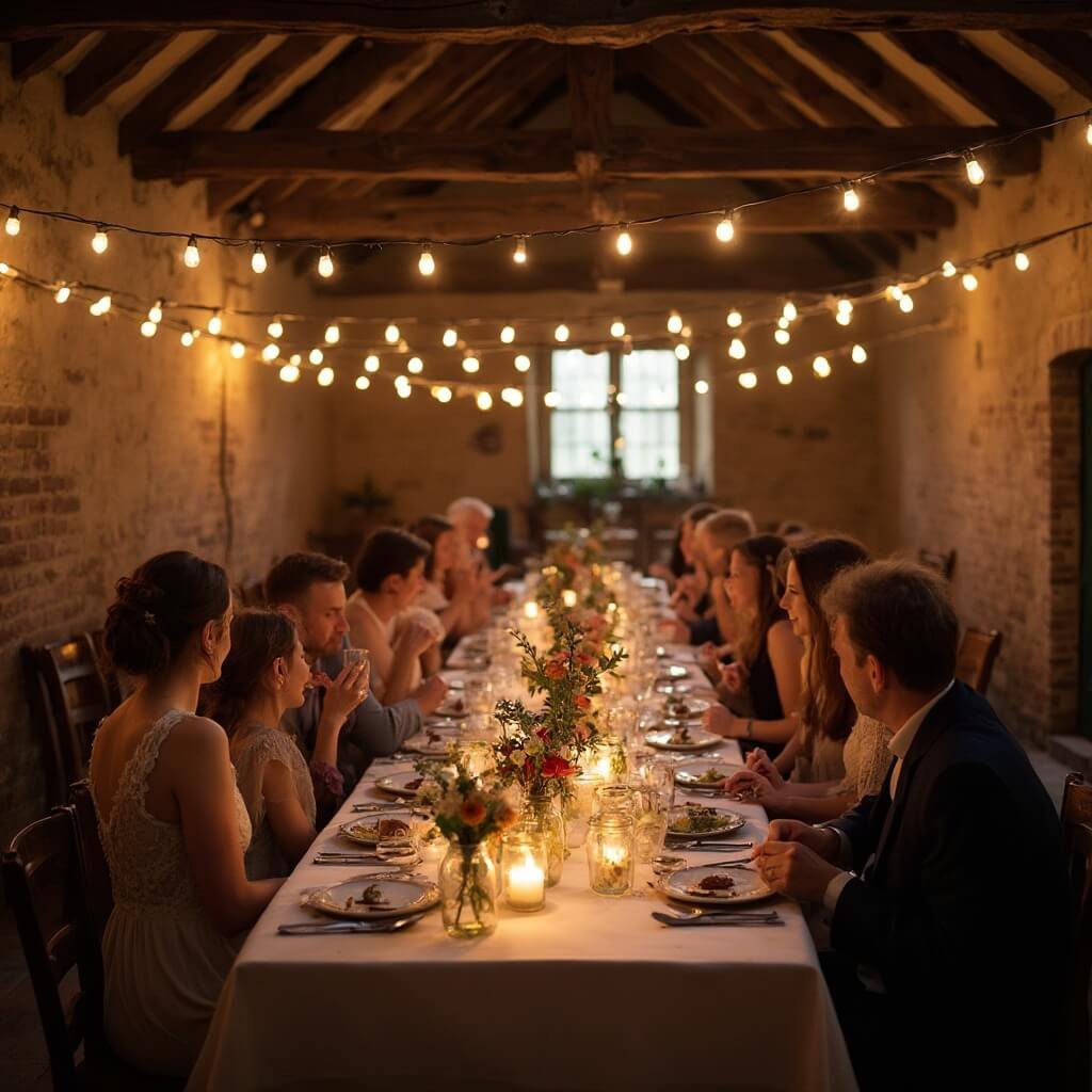 Cheap Wedding Ideas That Don't Look Cheap Rustically decorated village hall with exposed wooden beams, fairy lights, and a communal table set for a micro wedding, with guests enjoying a family-style meal in warm amber lighting