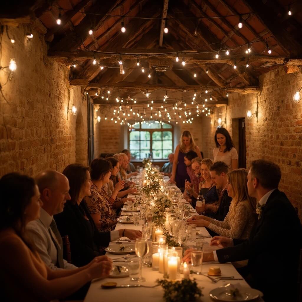 Cheap Wedding Ideas That Don't Look Cheap A rustic village hall transformed for an intimate micro wedding reception with fairy lights adorning wooden beams, a communal table set with homemade flower arrangements, mismatched candles, twenty guests enjoying a meal, and the warm amber glow from string bulbs and lanterns illuminating the brick walls and worn wooden floor.