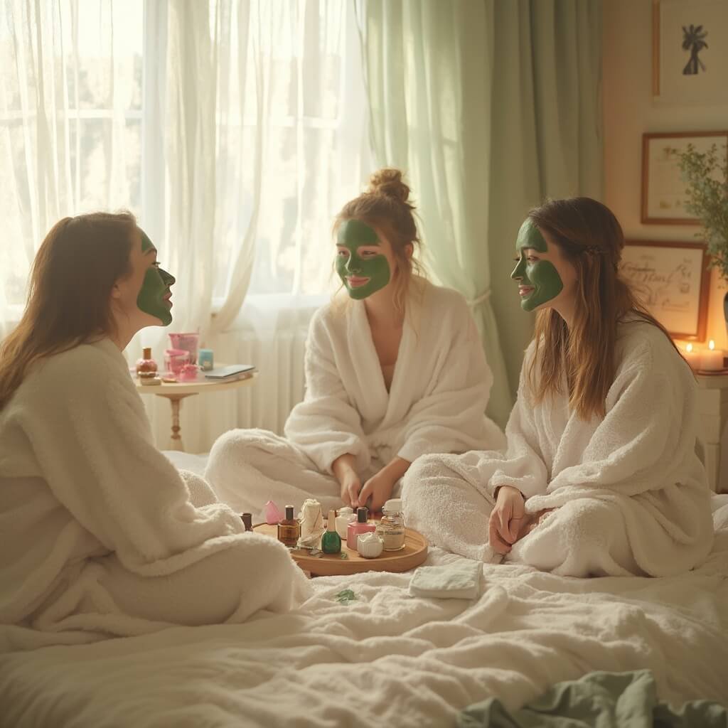 Teen Birthday Party Ideas That Won't Make You Want to Lie Down in a Dark Room Three teenage friends enjoying a home spa day in a softly lit bedroom with green face masks on, sitting on a bed surrounded by nail polish, cotton pads and lit candles, warm sunlight filtering through sheer curtains.