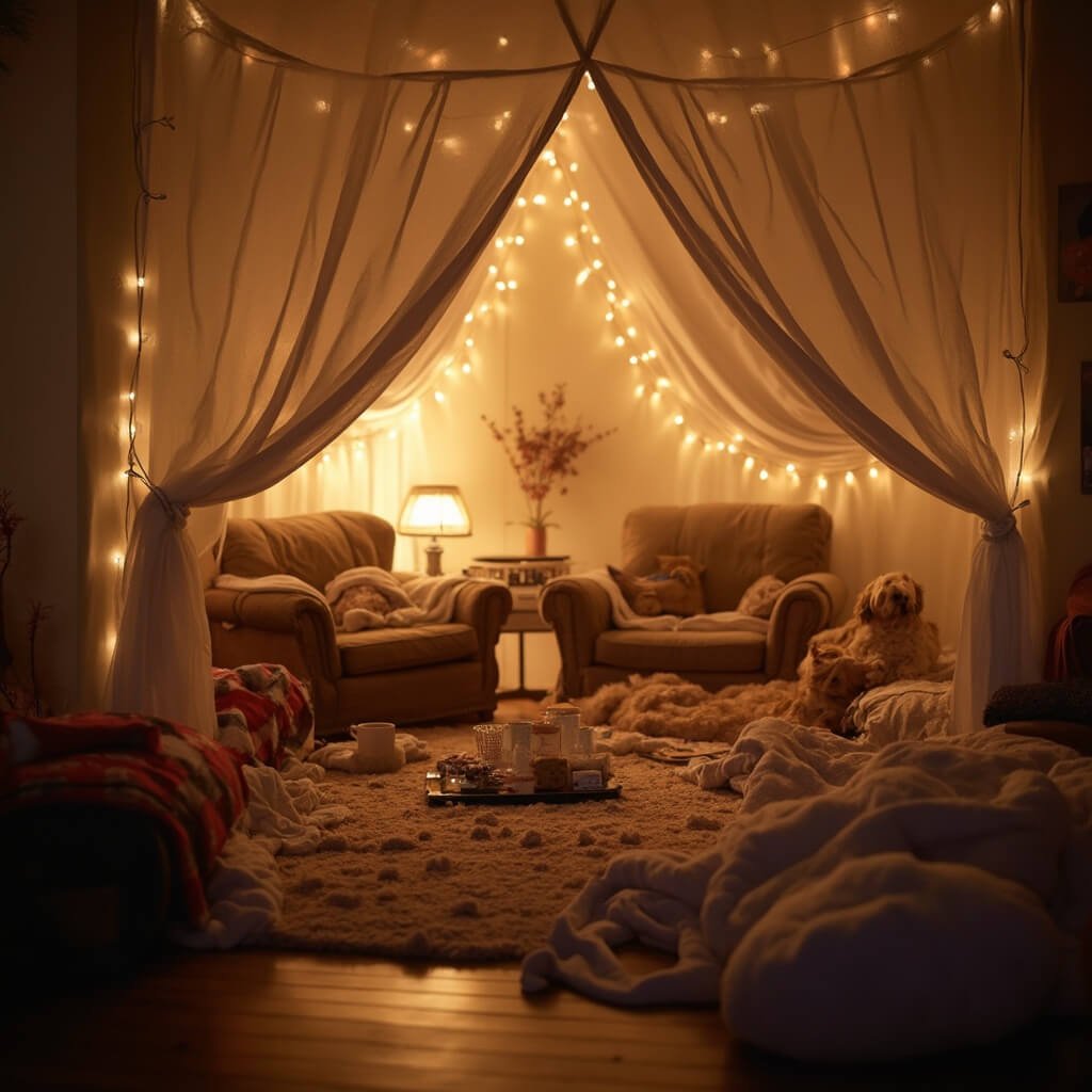 Teen Birthday Party Ideas That Won't Make You Want to Lie Down in a Dark Room Teens' cozy pillow fort in a living room with blankets, fairy lights, sleeping bags, cushions, hot chocolate mugs and half-eaten s'mores, illuminated by warm lamp light.