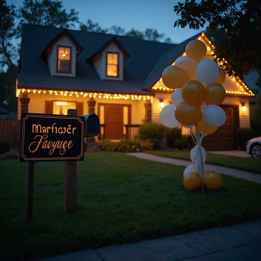 Grad Party Decorations: A Practical Guide to Getting It Right Twilight view of a suburban house set up for drive-by graduation with large yard sign, gold and white balloons, glowing string lights, against a deep blue evening sky, street and parked car in foreground