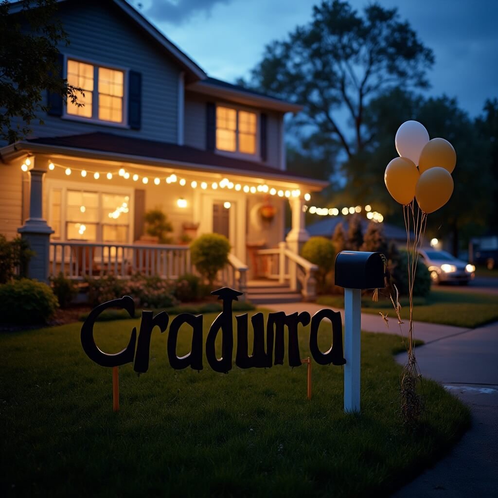 Grad Party Decorations: A Practical Guide to Getting It Right Twilight view of suburban house decorated for graduation with yard sign, gold and white balloons, glowing string lights, under a deep blue evening sky with a parked car in the foreground.