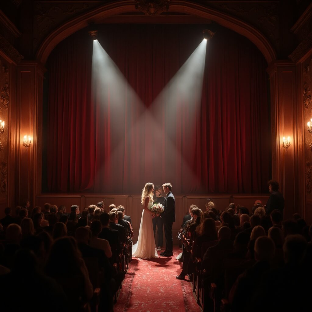 Small Intimate Wedding Ideas That Actually Feel Special, Not Scaled-Down A couple exchanging vows on stage in a small vintage cinema, spotlighted against a red velvet curtain with a projector beam cutting through theater haze, 35 guests seated in the dim auditorium, brass wall sconces lining the aisles, shot from theater's back to capture the intimate scene.