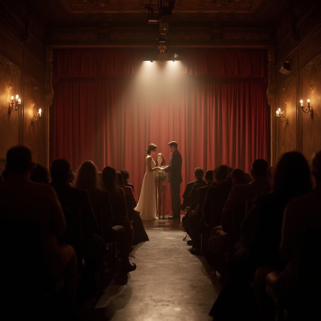 Small Intimate Wedding Ideas That Actually Feel Special, Not Scaled-Down Couple exchanging vows on stage of vintage independent cinema, illuminated by spotlight amidst theater haze, brass wall sconces and seated guests, viewed from back of auditorium.