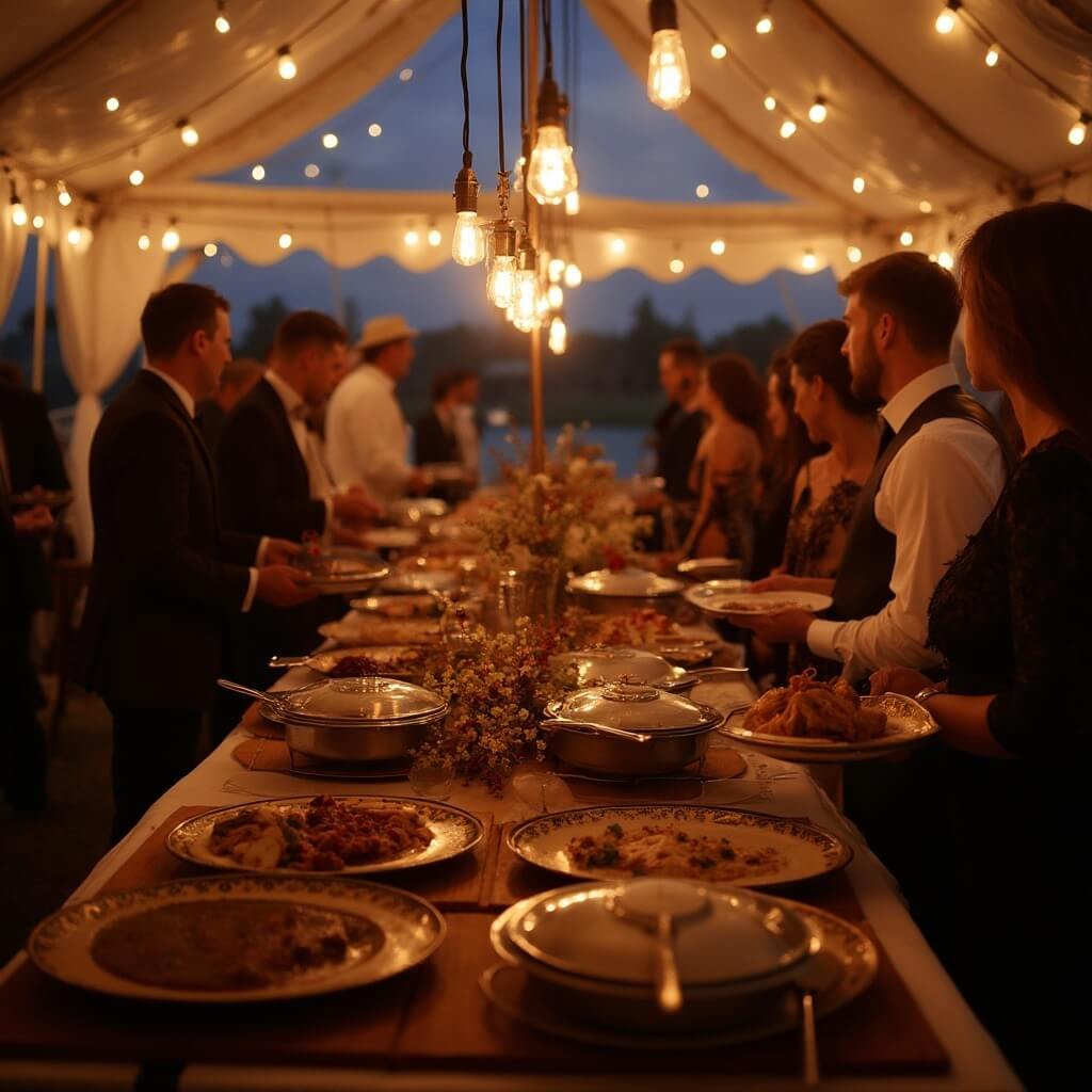 Wedding Reception Ideas That Actually Work (Not Just Look Good on Pinterest) Wedding buffet spread in an elegant tent lit by Edison bulbs