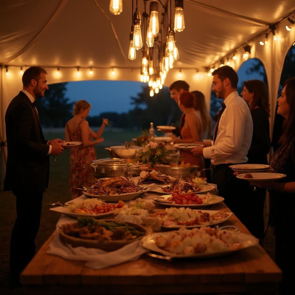 Wedding Reception Ideas That Actually Work (Not Just Look Good on Pinterest) Warmly lit wedding buffet under elegant tent with caterer serving dishes, guests lining up, and twilight sky visible through open sides