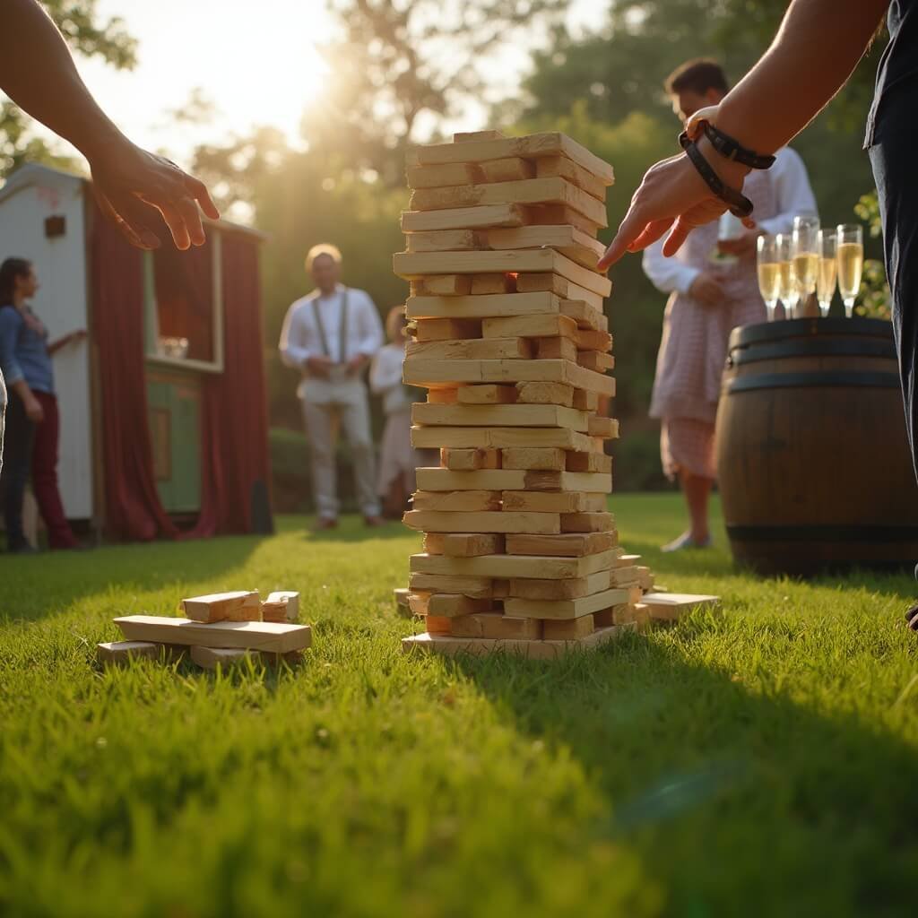 Wedding Reception Ideas That Actually Work (Not Just Look Good on Pinterest) Guests playing giant Jenga at a wedding cocktail hour