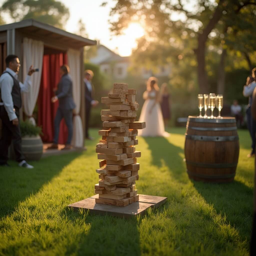 Wedding Reception Ideas That Actually Work (Not Just Look Good on Pinterest) Cocktail hour at wedding with guests playing giant Jenga on lush lawn, vintage photo booth in background, champagne glasses on rustic barrel table in soft, warm sunlight.