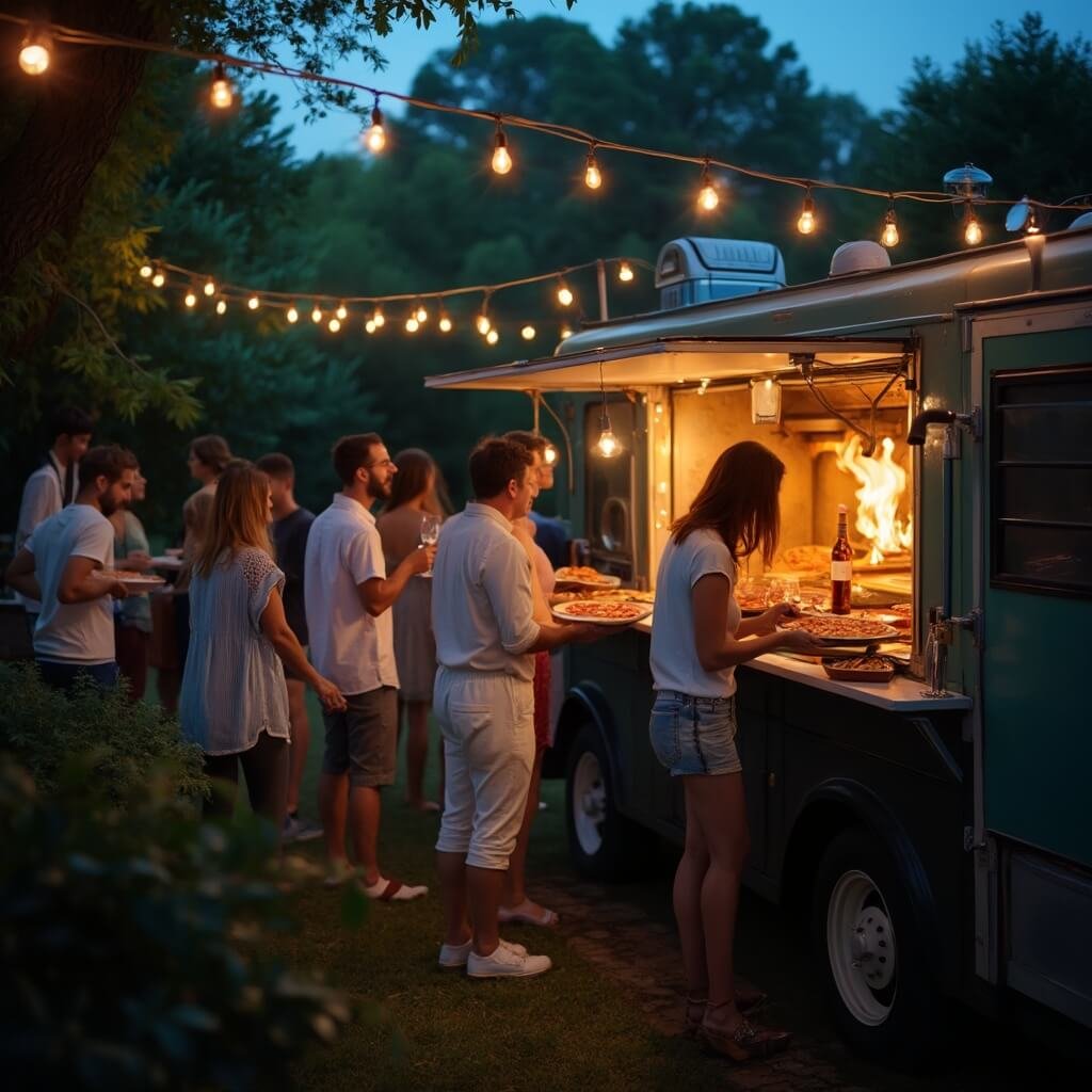 Cheap Wedding Ideas That Don't Look Cheap Wood-fired pizza food truck at a casual wedding celebration in a lush garden with guests holding pizza and wine, illuminated by string lights and the truck's interior oven fire at dusk.