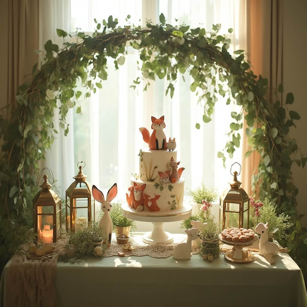 Gender Neutral Baby Shower Ideas That Don't Feel Like an Afterthought Woodland-themed baby shower with fox, owl, and deer motifs on dessert table, draped in sage green linen and surrounded by eucalyptus garlands and potted ferns under soft afternoon light, highlighted by tiered cake with woodland fondant figures and brass lanterns.