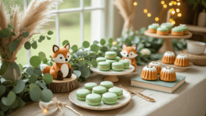Gender Neutral Baby Shower Ideas That Don't Feel Like an Afterthought "Woodland creature themed baby shower dessert table featuring sage green and cream macarons and mini bundt cakes with fondant foxes and owls, amidst eucalyptus and pampas grass garland, under soft glowing fairy lights on a wooden table with a stack of children's storybooks tied with twine and draped with a natural linen tablecloth under warm golden light."