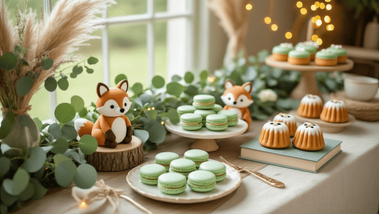 Gender Neutral Baby Shower Ideas That Don't Feel Like an Afterthought "Woodland creature themed baby shower dessert table featuring sage green and cream macarons and mini bundt cakes with fondant foxes and owls, amidst eucalyptus and pampas grass garland, under soft glowing fairy lights on a wooden table with a stack of children's storybooks tied with twine and draped with a natural linen tablecloth under warm golden light."