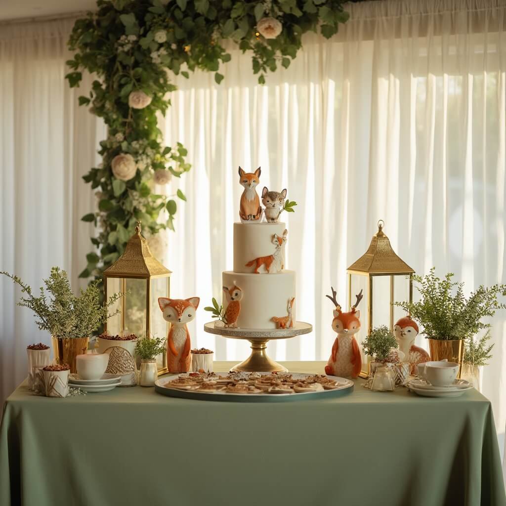 Gender Neutral Baby Shower Ideas That Don't Feel Like an Afterthought Woodland-themed baby shower featuring a dessert table draped in sage-green linen with fox, owl, and deer motifs, alongside eucalyptus garlands, potted ferns, afternoon light flooding through sheer curtains, and a centered tiered cake decorated with woodland fondant figures, all nestled between brass lanterns and soft greenery.