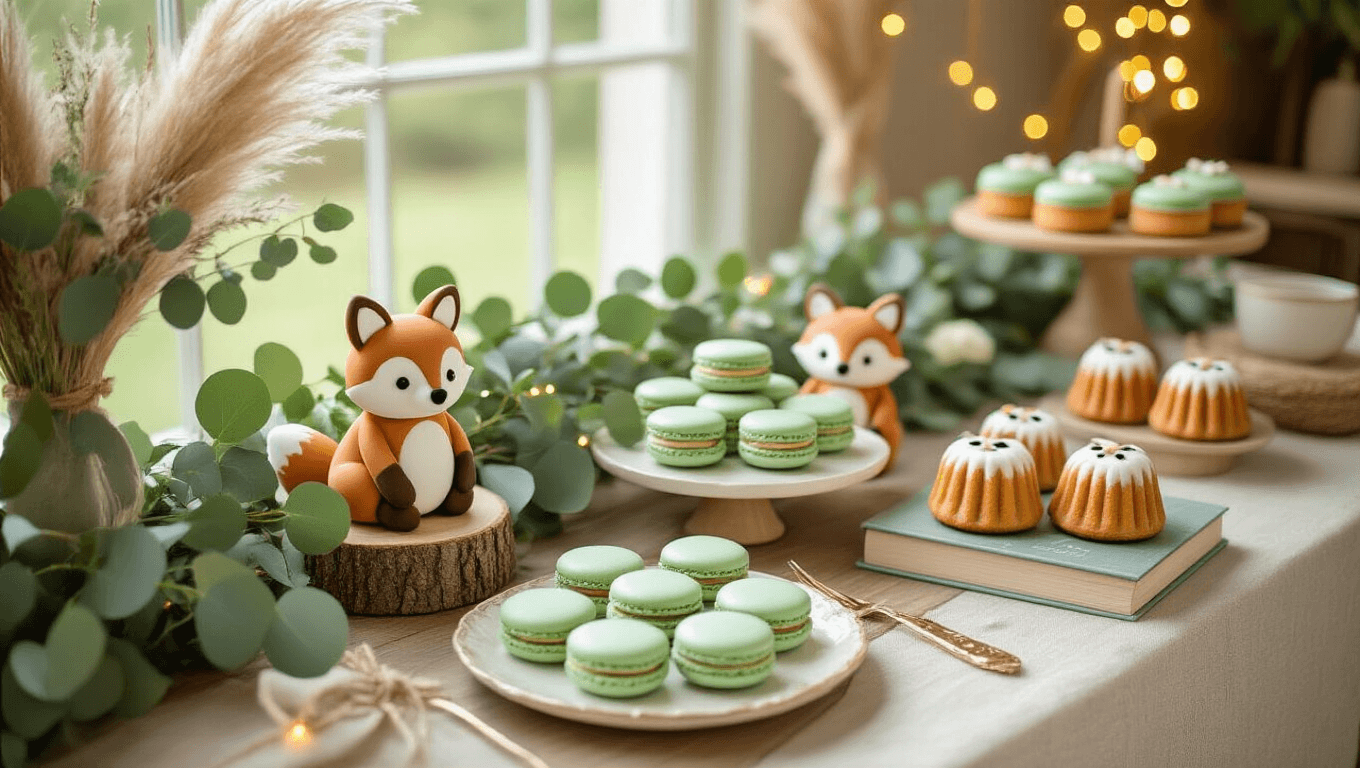 "Woodland creature themed baby shower dessert table featuring sage green and cream macarons and mini bundt cakes with fondant foxes and owls, amidst eucalyptus and pampas grass garland, under soft glowing fairy lights on a wooden table with a stack of children's storybooks tied with twine and draped with a natural linen tablecloth under warm golden light."
