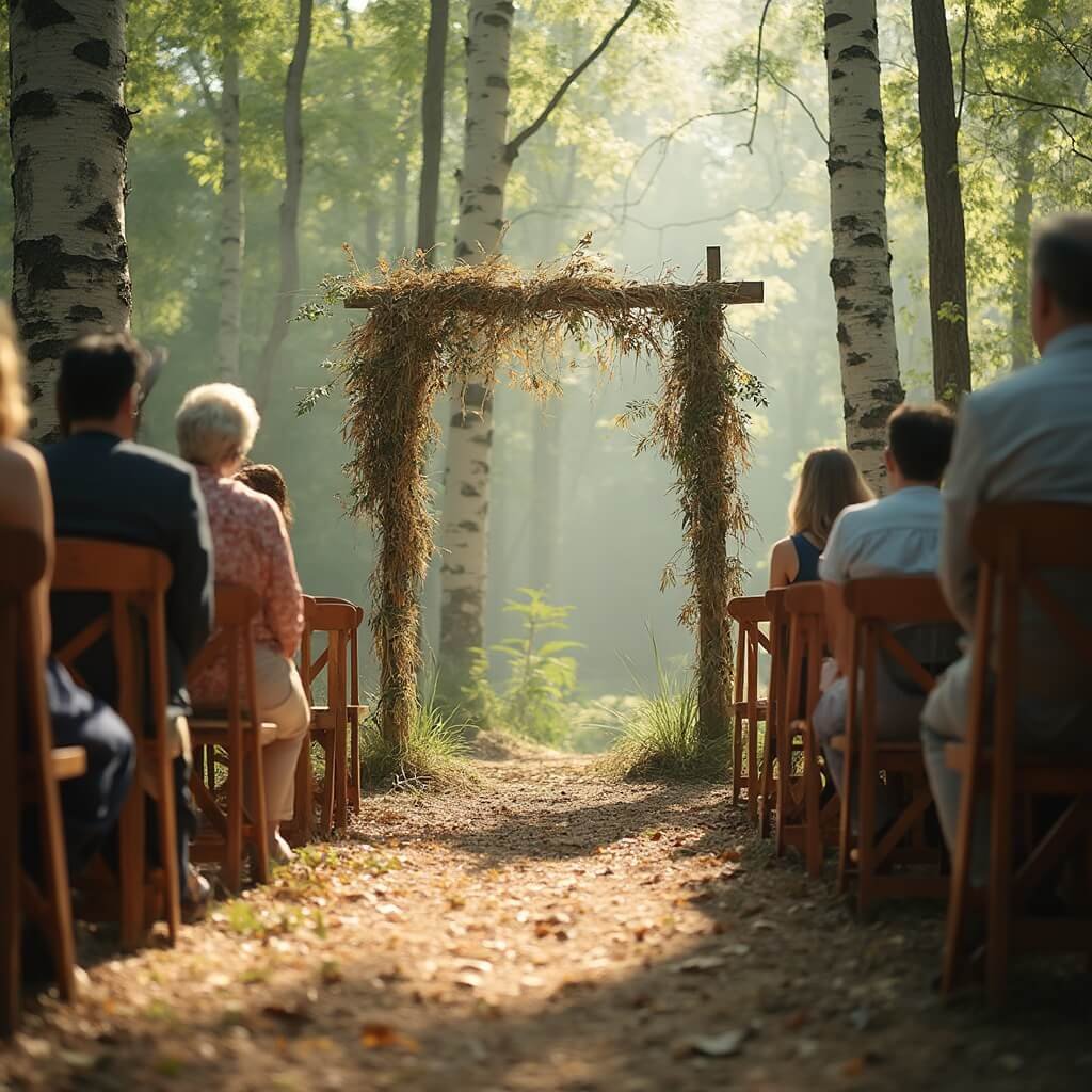 Rustic Wedding Ideas That Actually Work (Not Just Mason Jars and Hay Bales) Wooden arch with ivy and pampas grass for outdoor ceremony in a forest, viewed from behind a seated audience with dappled sunlight filtering through the trees.