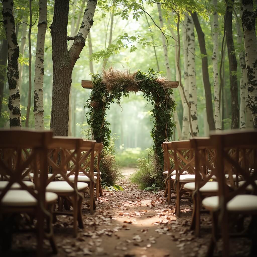 Rustic Wedding Ideas That Actually Work (Not Just Mason Jars and Hay Bales) Outdoor woodland wedding ceremony setup with wooden chairs and simple arch in sunlight amid birch trees