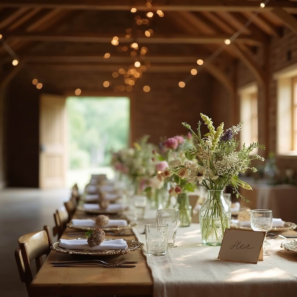 Micro Wedding Ideas — How to Plan a Small Wedding That Still Feels Like a Proper Celebration Interior of a converted barn venue prepared for a 35-guest micro wedding, featuring a dressed farmhouse table with linen runners and wildflower centerpieces, under wooden beams and off string lights, with a focus on a single place setting with a handwritten name card.