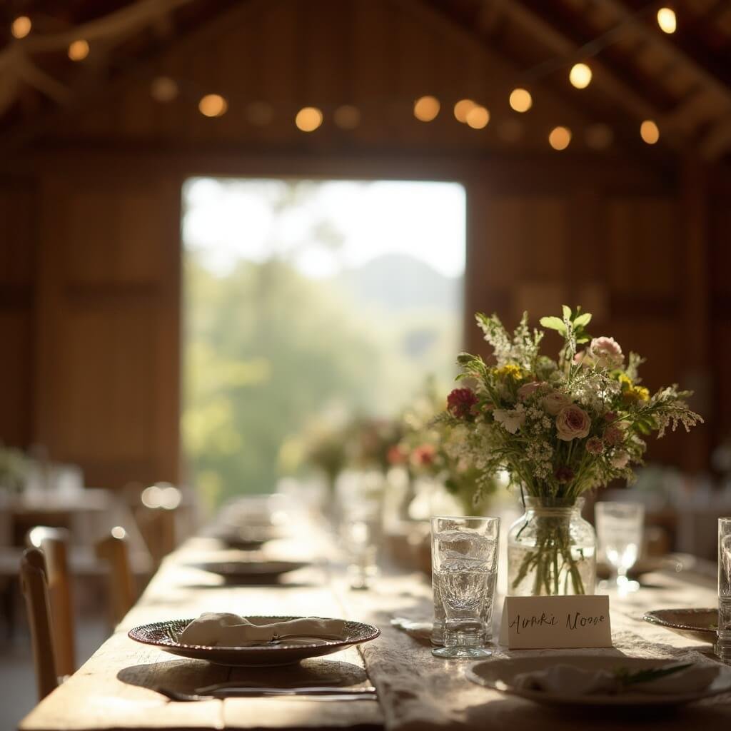 Micro Wedding Ideas — How to Plan a Small Wedding That Still Feels Like a Proper Celebration Interior of a sunlit barn converted for a micro wedding, featuring a long farmhouse table with linen runners and wildflower centerpieces in glass vases, exposed beams overhead, yet-to-be-lit string lights, focusing on a place setting with handwritten name card