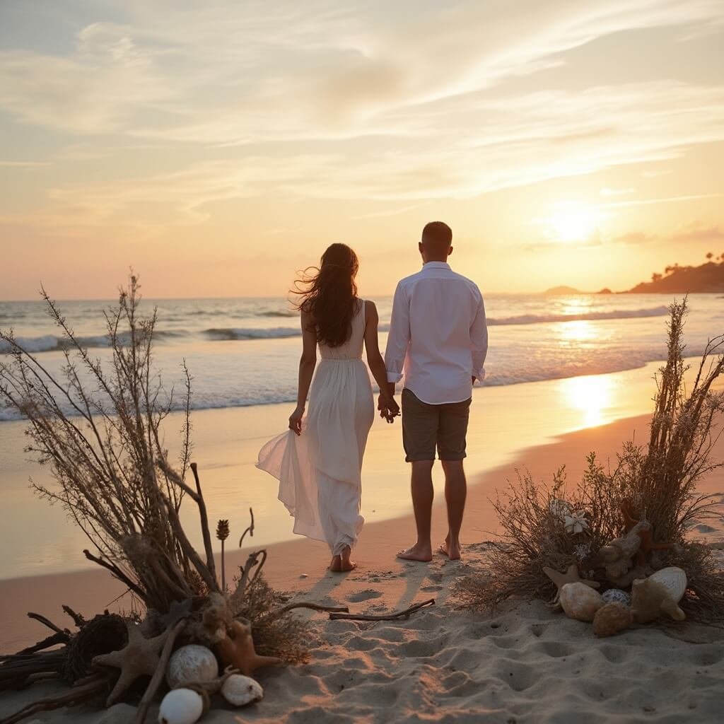 Wedding Theme Ideas That Actually Work (And a Few I'd Think Twice About) Bride and groom standing barefoot at the water's edge on a windswept beach at sunset, with driftwood and seashell decor nearby, framed by a foreground of woven rope and starfish details, against a pastel sky.
