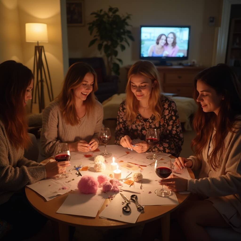 DIY Party Decorations: What's Actually Worth Making Yourself Four friends enjoying a craft night in a cozy living room, surrounded by pink and cream pom-poms, scissors, tissue paper, and glasses of red wine, under warm lamplight with a TV glowing in the background.