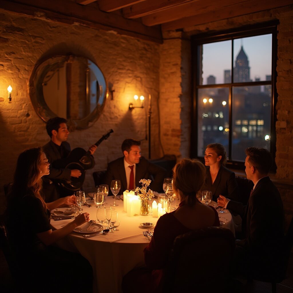 Micro Wedding Ideas — How to Plan a Small Wedding That Still Feels Like a Proper Celebration Couple and guests at a cozy micro wedding reception in a boutique hotel with a dining room set for twelve, candlelit round table, amber lighting from wall sconces, jazz trio softly playing in the corner, and dusk visible through a large window.
