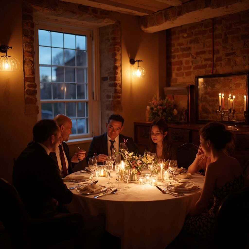 Micro Wedding Ideas — How to Plan a Small Wedding That Still Feels Like a Proper Celebration Private dining room in a boutique hotel set for a micro wedding reception with a round table for twelve, candlelight, a jazz trio in the corner, couple conversing with guests, warm amber lighting, exposed brick walls, and a view of dusk from a large window