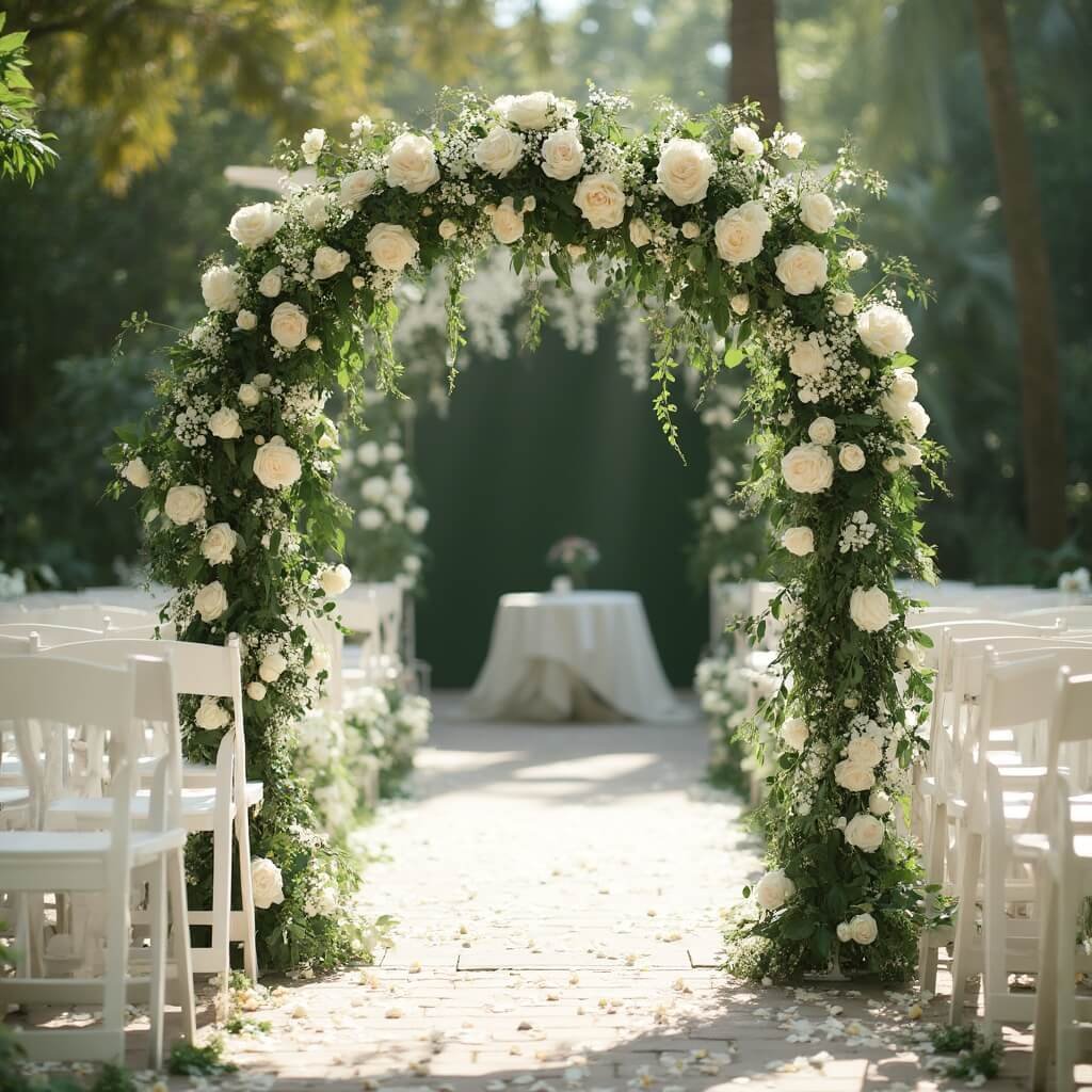 Wedding Theme Ideas That Actually Work (And a Few I'd Think Twice About) Sunlit garden wedding ceremony under a floral arch with white roses and peonies, white chairs with bouquets along a petal-laden aisle, surrounded by blurred green foliage