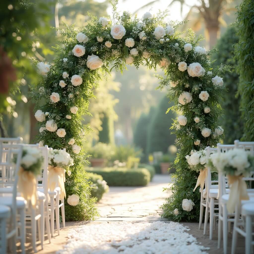 Wedding Theme Ideas That Actually Work (And a Few I'd Think Twice About) Garden wedding ceremony beneath a floral arch of roses and peonies, with white chairs and petal-strewn aisle in a sunlit courtyard