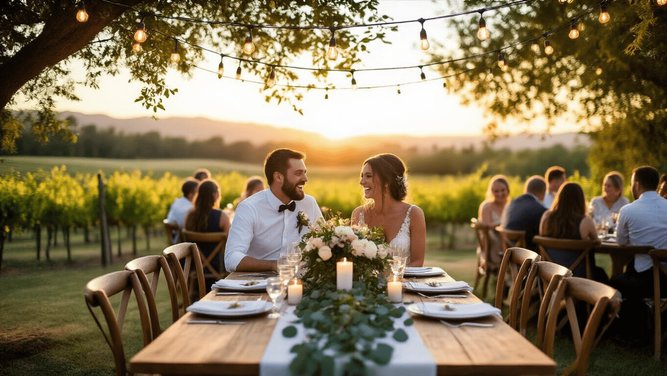 "Intimate micro wedding at golden hour in a rustic garden, featuring a couple laughing together at a long wooden table adorned with white linen, eucalyptus garland, taper candles and florals, with guests conversing nearby and string lights overhead."