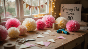 DIY Party Decorations: What's Actually Worth Making Yourself "Cluttered craft table with pastel tissue paper pom-poms, unfinished garland, scissors, floral wire, and a glue gun, in soft window light, with a "Granny Pat Turns 80" sign in the background and fairy lights, in a cozy home setting"