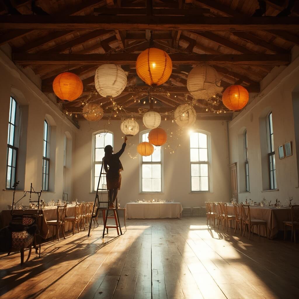 DIY Party Decorations: What's Actually Worth Making Yourself Woman hanging paper lanterns on a beam in a rented hall, with bare tables and string lights on a chair, in cool morning light from tall windows.