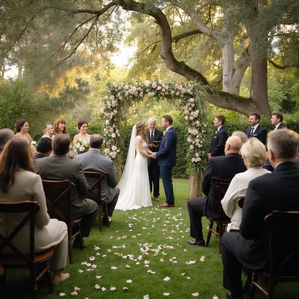 Micro Wedding Ideas — How to Plan a Small Wedding That Still Feels Like a Proper Celebration Small garden wedding ceremony with 20 guests seated on vintage chairs, couple framed by a floral arch and mature trees in the golden-hour light, rose petals on grass and guests mid-laughter