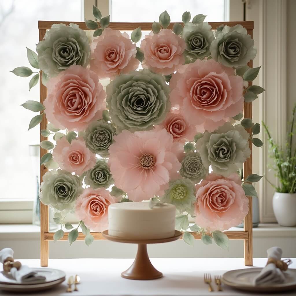DIY Party Decorations: What's Actually Worth Making Yourself Handmade paper flower backdrop in dusty pink and sage green behind a dessert table, highlighted by soft afternoon light