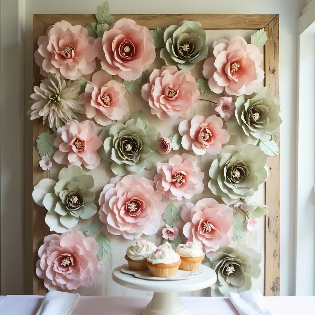 DIY Party Decorations: What's Actually Worth Making Yourself Handmade paper flower backdrop in dusty pink and sage green behind a dessert table with a small cake stand and linen napkins, illuminated by soft afternoon light