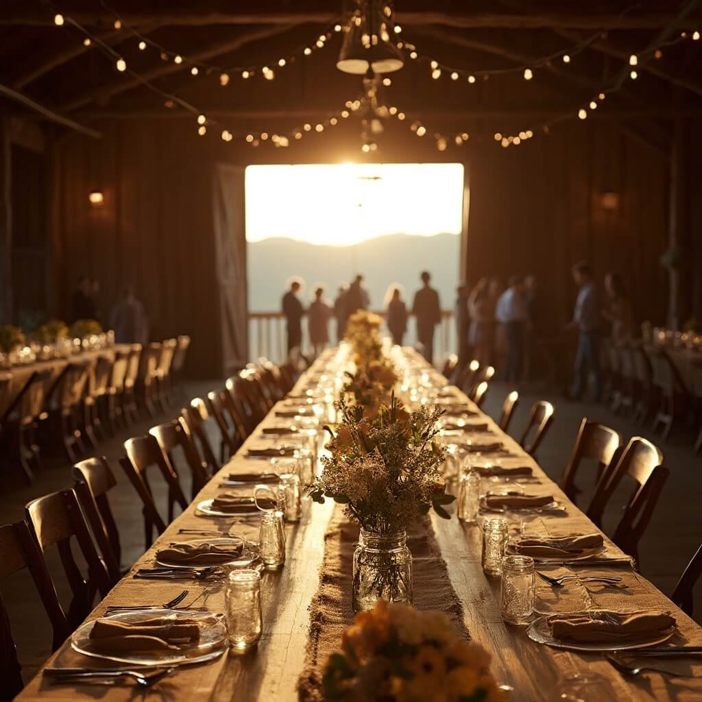 Wedding Theme Ideas That Actually Work (And a Few I'd Think Twice About) Rustic barn wedding reception at golden hour, featuring warm string lights, farmhouse tables with wildflower centerpieces, and guests mingling near the illuminated entrance