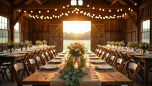 Wedding Theme Ideas That Actually Work (And a Few I'd Think Twice About) "Rustic countryside wedding scene in a barn with golden hour light, wooden farm tables with mason jar and wildflower centerpieces, burlap runners, eucalyptus garlands, candles, mismatched vintage chairs under string lights, in a cozy and romantic atmosphere."