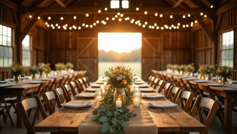 Wedding Theme Ideas That Actually Work (And a Few I'd Think Twice About) "Rustic countryside wedding scene in a barn with golden hour light, wooden farm tables with mason jar and wildflower centerpieces, burlap runners, eucalyptus garlands, candles, mismatched vintage chairs under string lights, in a cozy and romantic atmosphere."