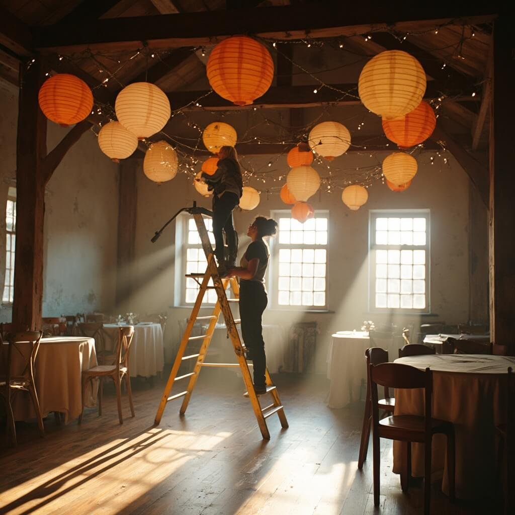 DIY Party Decorations: What's Actually Worth Making Yourself Woman hanging paper lanterns in a rented hall with bare tables, string lights and stepladder amidst morning light.